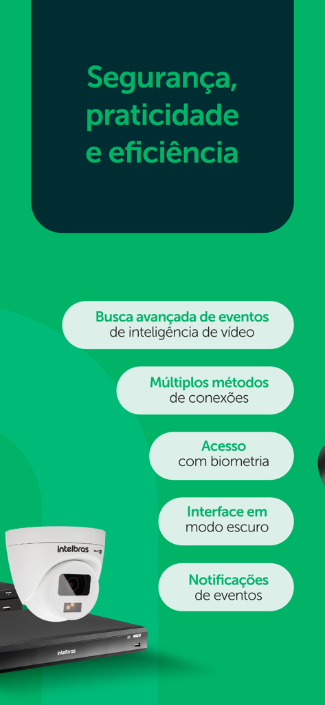 Werbegrafik für die Intelbras ISIC Lite App, die Sicherheits- und Videoüberwachungsfunktionen hervorhebt