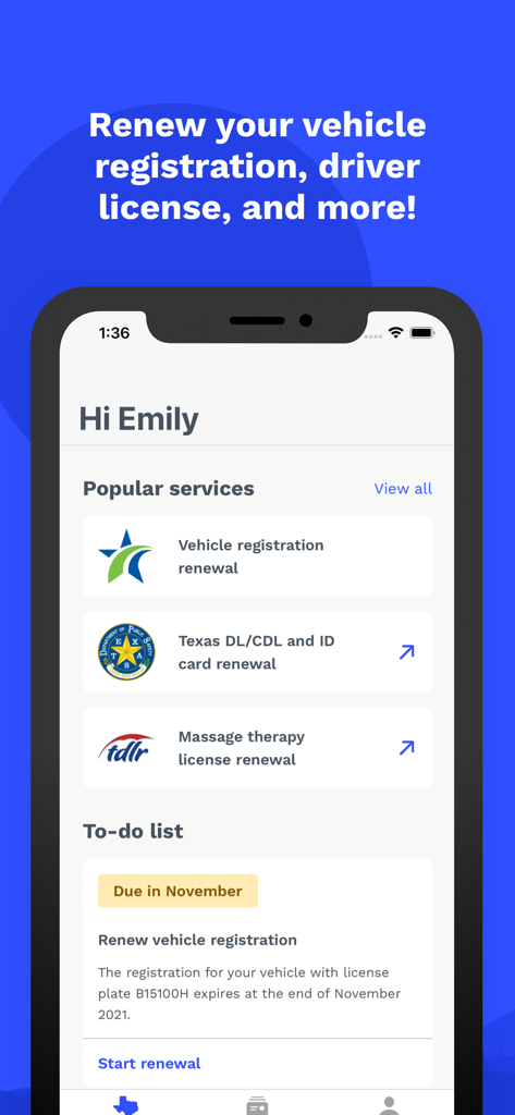Texas by Texas mobile app dashboard showing vehicle registration and driver license renewal services.