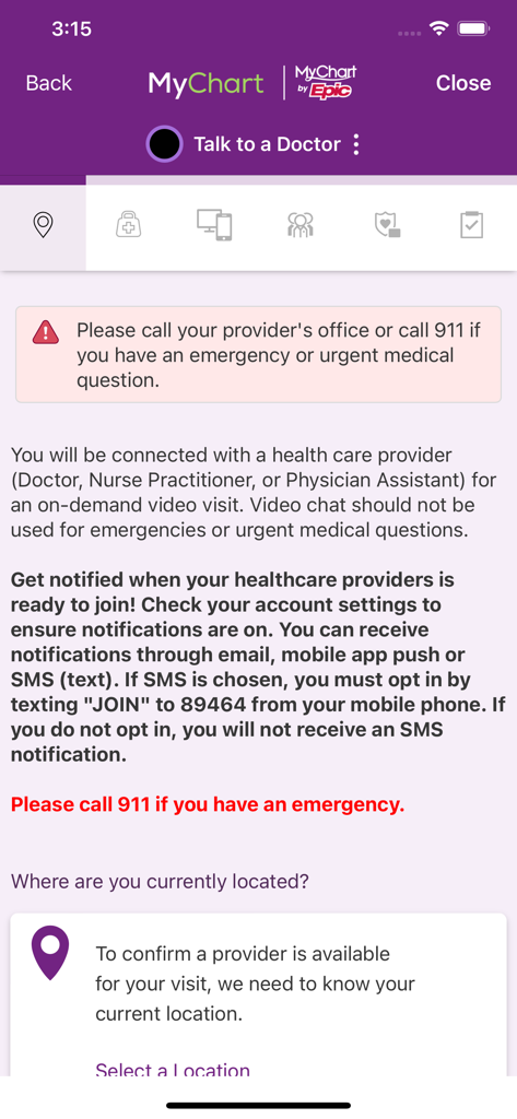 Trinity Health MyChart app interface showing information for on-demand video visits with healthcare providers