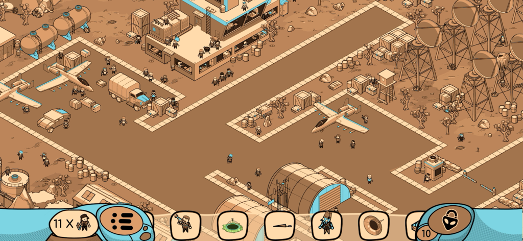 Looking for Aliens - A hand-drawn hidden object scene showing a desert military base level in the game Looking for Aliens.