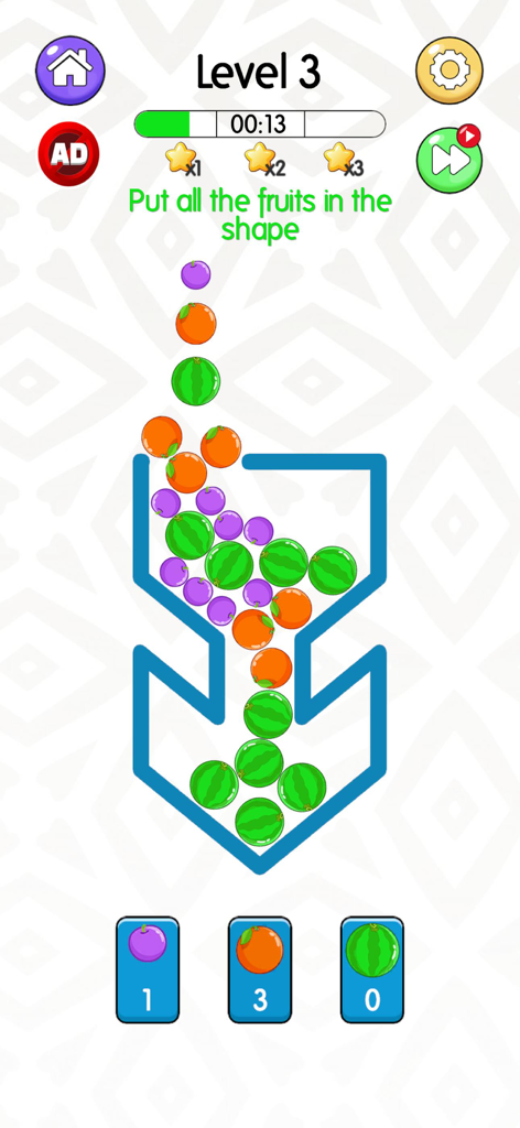A mobile game screenshot of Fruit Merge Watermelon Puzzle showing fruits falling into a blue arrow-shaped container on level three.
