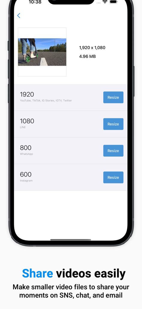 Resize Video Compressor App - Mobile app interface showing video resolution presets for YouTube WhatsApp and Instagram