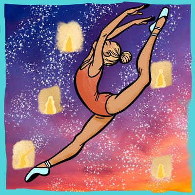 gymnast doing a leap in a leotard with a bent back leg