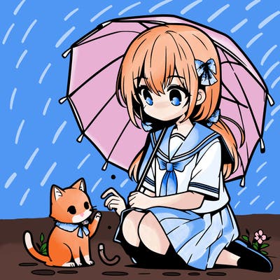 anime middle school girl sitting down petting a cat while holding an umbrella