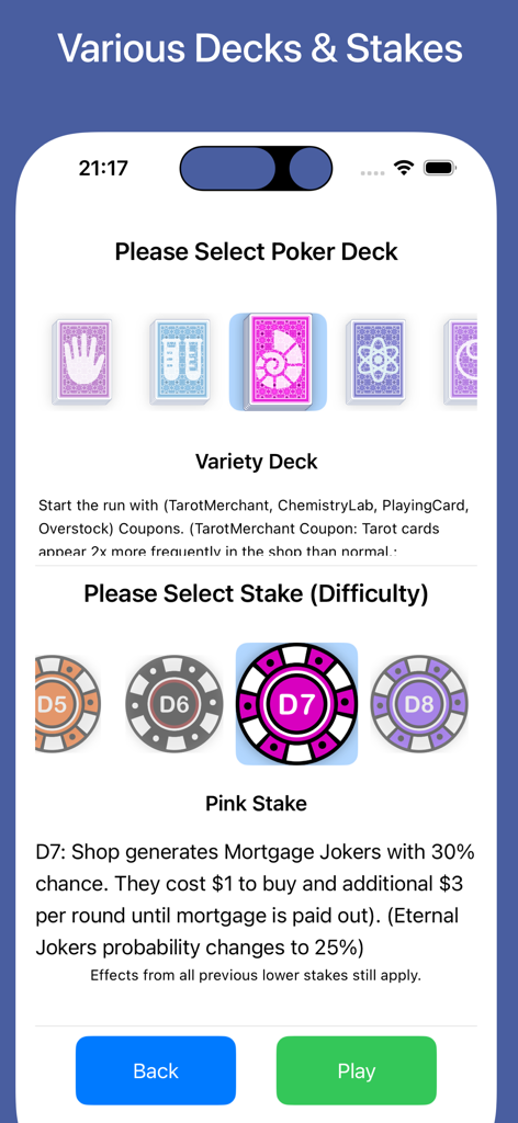 JokerPoker - Balala - Menu to select poker decks and difficulty stakes in the JokerPoker mobile game