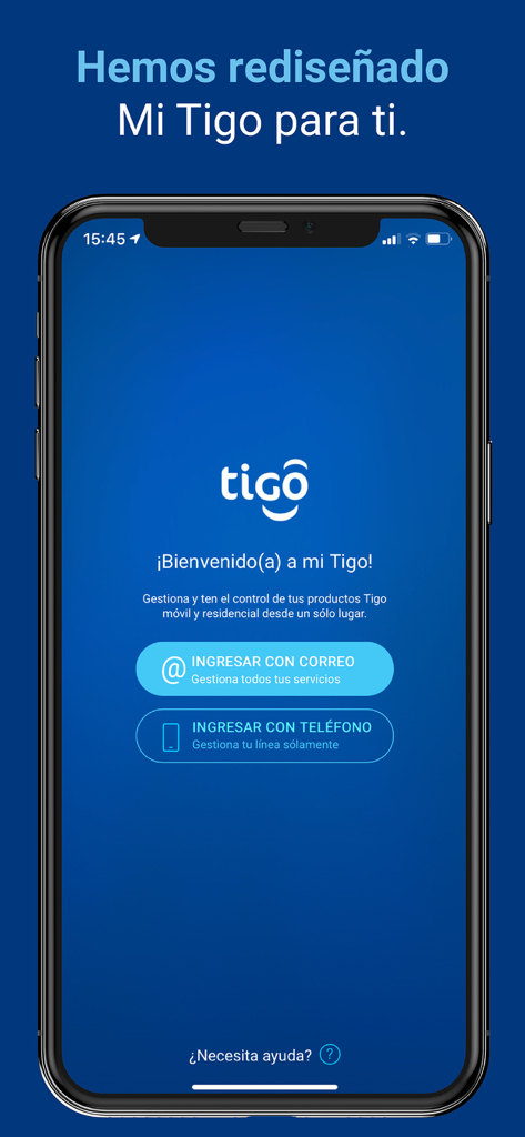 Pantalla de bienvenida de la app Mi Tigo Colombia mostrando opciones de inicio de sesión para la gestión de servicios móviles y residenciales.