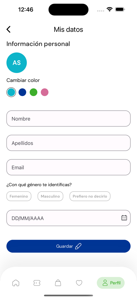 CyberApp - Pantalla de perfil de usuario de CyberApp para ingresar información personal y configuraciones de cuenta.