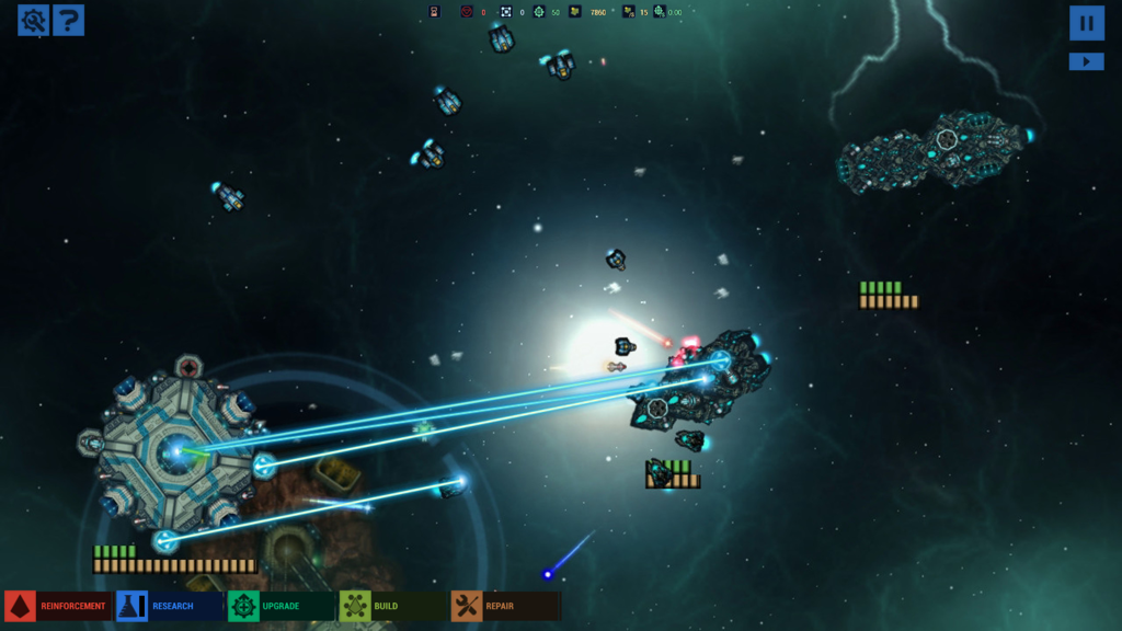 Battlevoid: Sector Siege - Top down tactical space combat in pixel art style featuring spaceships and blue laser beams