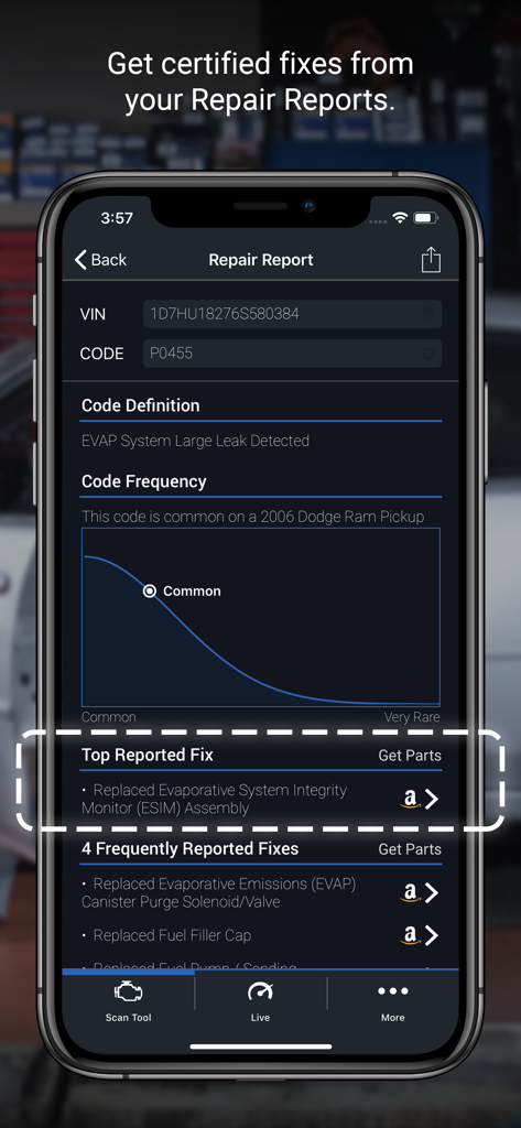 BlueDriver app display showing a diagnostic code definition and vehicle specific repair solutions