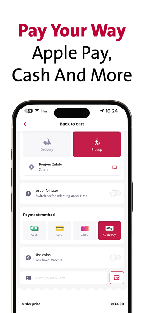 현금 및 Apple Pay를 포함한 HAAT 앱 결제 방법을 표시하는 스마트폰 화면
