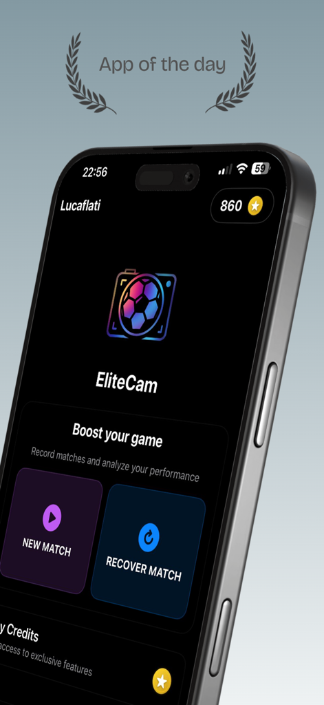 EliteCam App-Startbildschirm auf einem iPhone mit Optionen zum Starten eines neuen Fußballspiels oder zum Wiederherstellen einer Spielaufnahme.