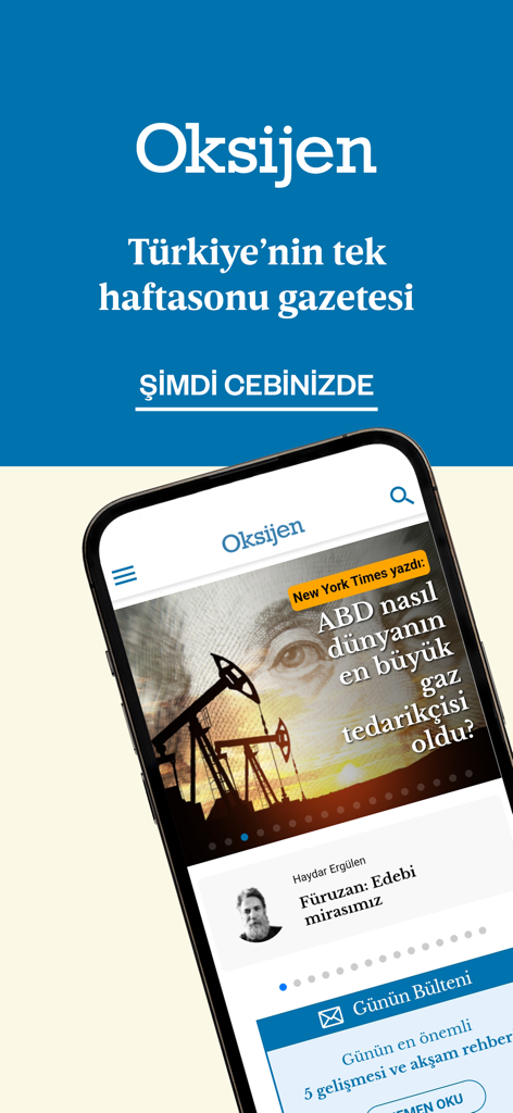 Oksijen Gazetesi - Oksijen Gazetesi app interface displaying Turkish news articles and global reports on a smartphone
