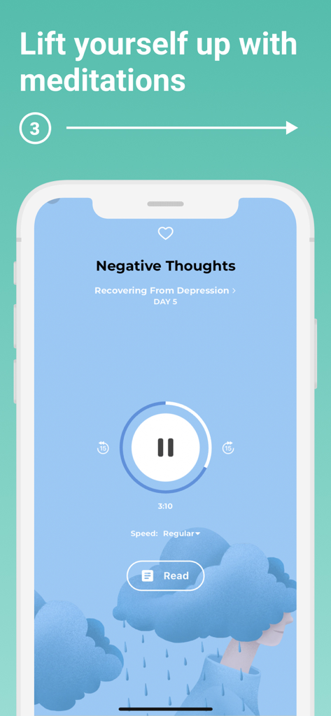 UpLife: CBT Therapy, Self-Care - UpLife app interface showing a guided meditation session for negative thoughts as part of a depression recovery journey.