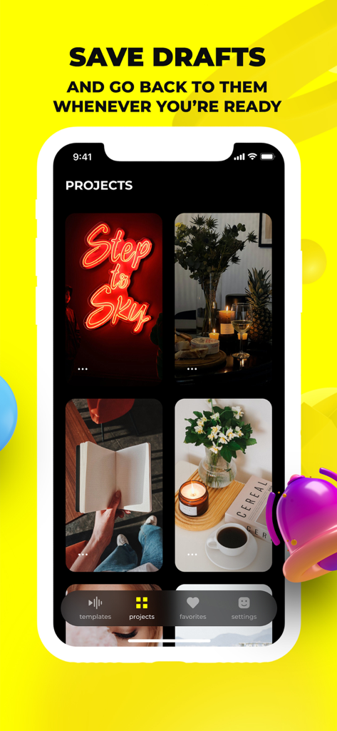 Reelsapp: reel & video editor - Reelsapp mobile interface showing a collection of saved video project drafts on a yellow background