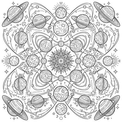 Unleash your creativity with this mesmerizing kaleidoscope planets coloring page. Explore a universe of intricate celestial bodies and swirling orbits, ready for your vibrant imagination.