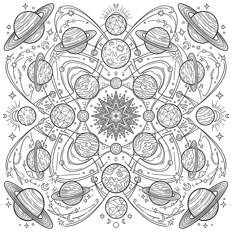 Unleash your creativity with this mesmerizing kaleidoscope planets coloring page. Explore a universe of intricate celestial bodies and swirling orbits, ready for your vibrant imagination.