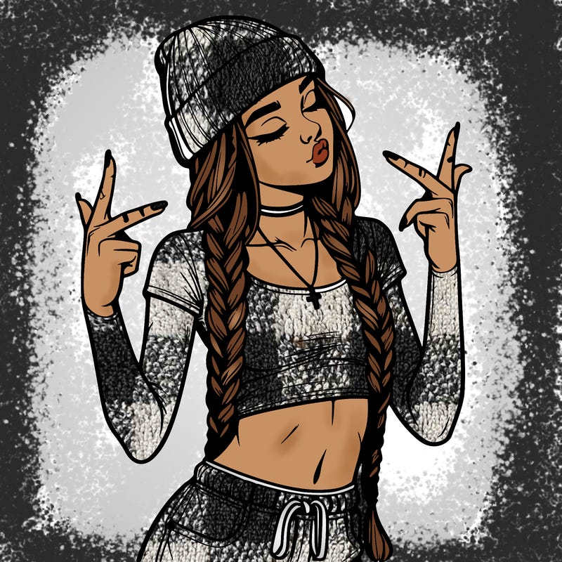 realistic teenage girl with braids and a beanie and crop top doing 🫶🏼