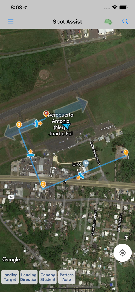 Spot Assist Skydiving Tool - Spot Assist app interface displaying a skydiving landing pattern on a satellite map of an airport