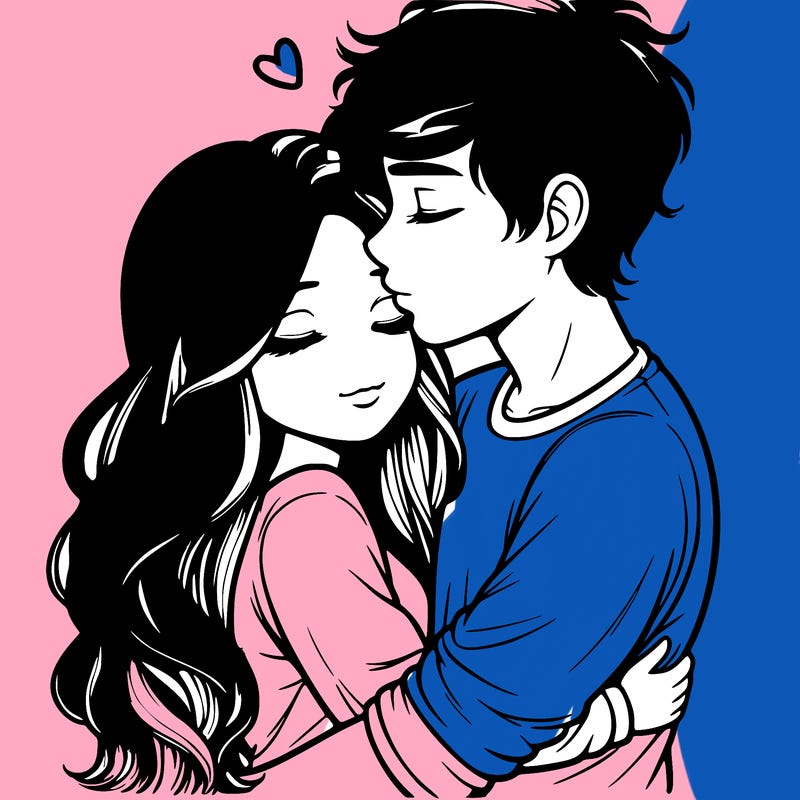 a realistic couple boy and girl hugging and kissing
