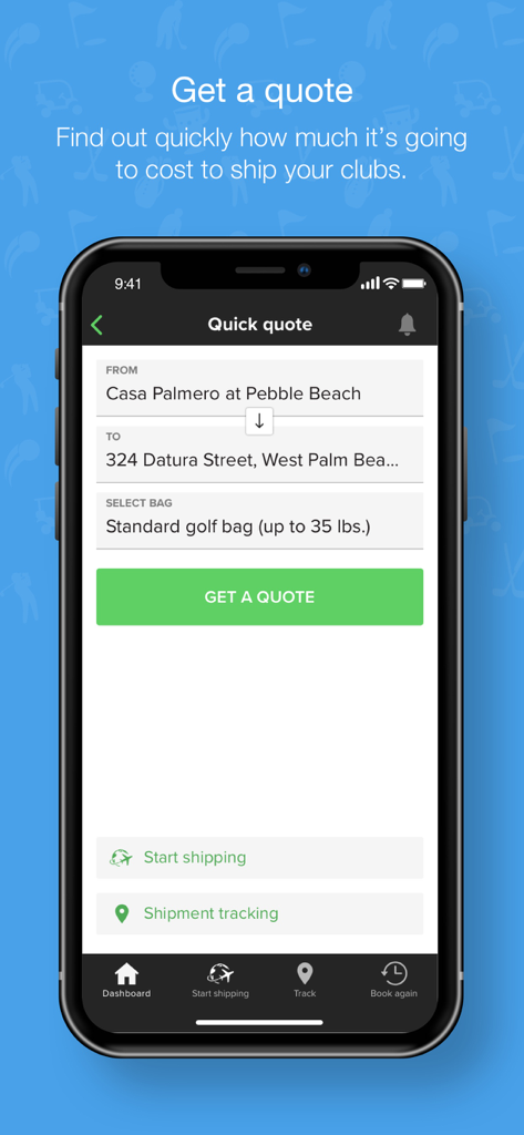 Ship Sticks - Interface of the Ship Sticks mobile app showing the Quick Quote screen to estimate the cost of shipping a golf bag