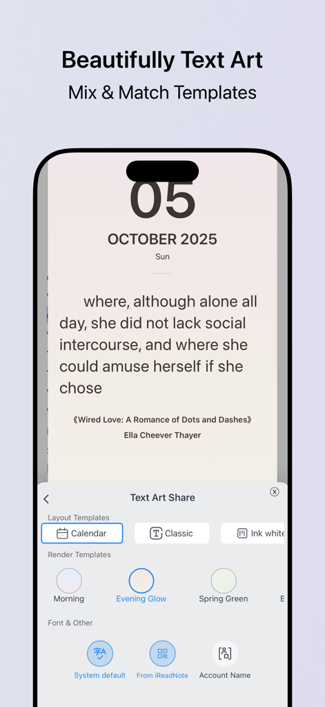 iReadNote - Pantalla de la aplicación iReadNote mostrando opciones de compartir arte de texto con diseño de calendario y plantillas de temas de color.