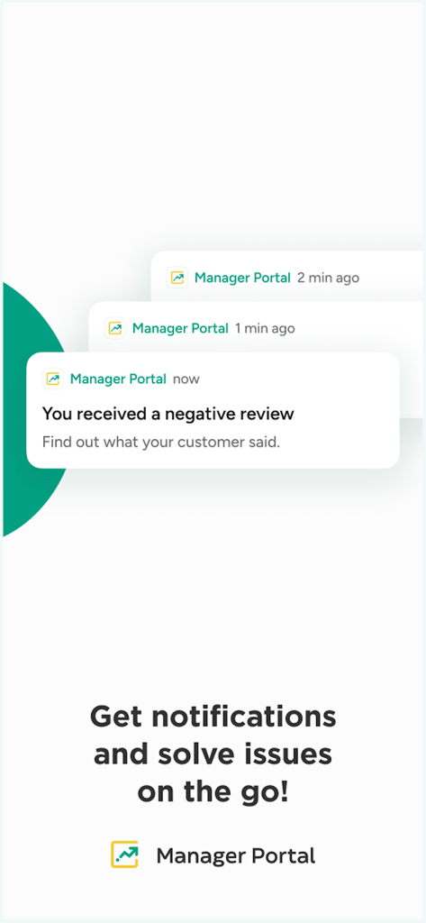 Glovo Manager Portal - Glovo Manager Portalアプリの画面。否定的な顧客レビューのプッシュ通知が表示されています。