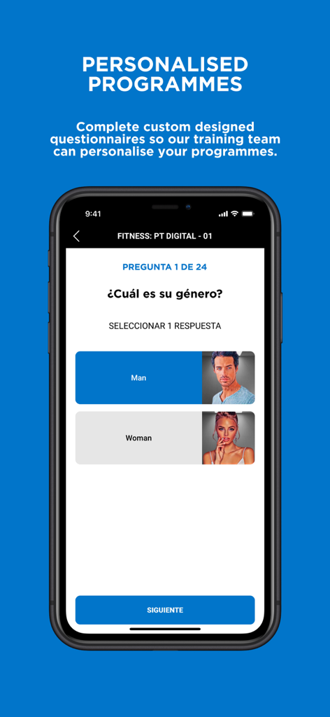 A smartphone displaying a personalized fitness program questionnaire within the My DiR app, showing a gender selection question.