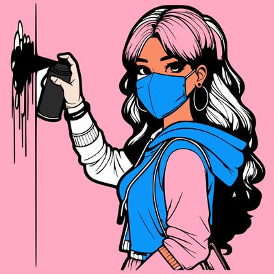 realistic girl with mask spray painting a wall