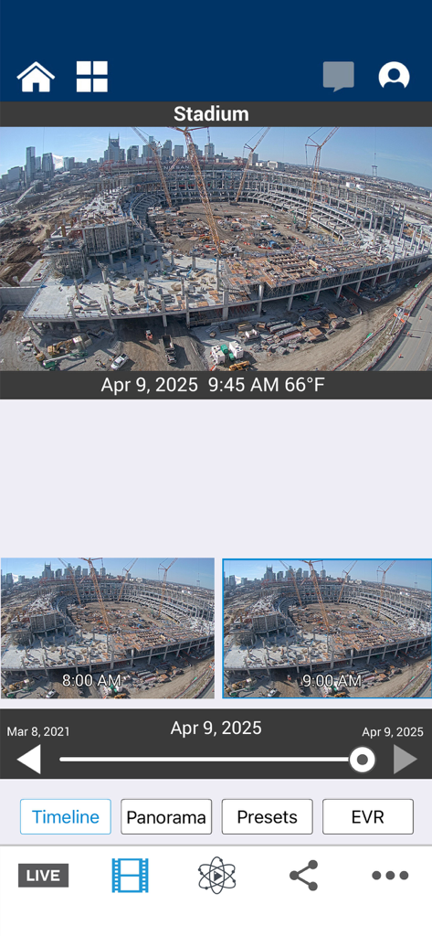 EarthCam - EarthCam app interface showing a stadium construction site with project progress timeline and daily snapshots.