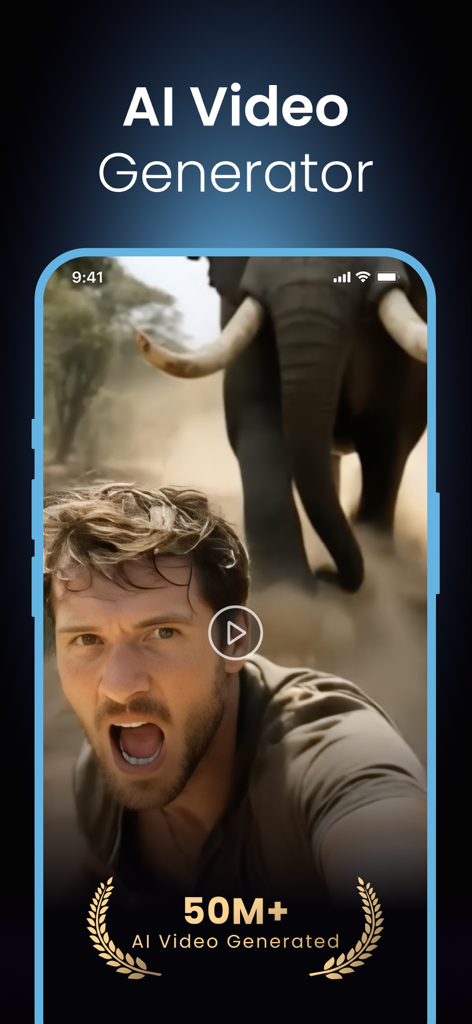 Smartphone screen showing the Vimo AI Video Generator app with an AI generated video of a man running from an elephant