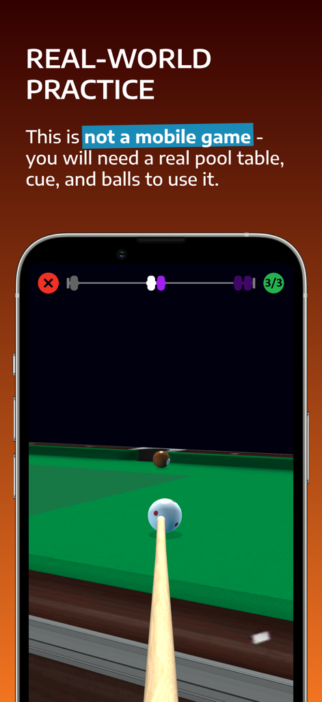 Cueist: Pool Training - A smartphone showing a 3D pool drill with a cue stick and billiard balls