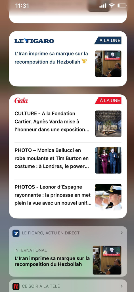 iPhone-Startbildschirm mit Gala- und Le-Figaro-Nachrichten-App-Widgets