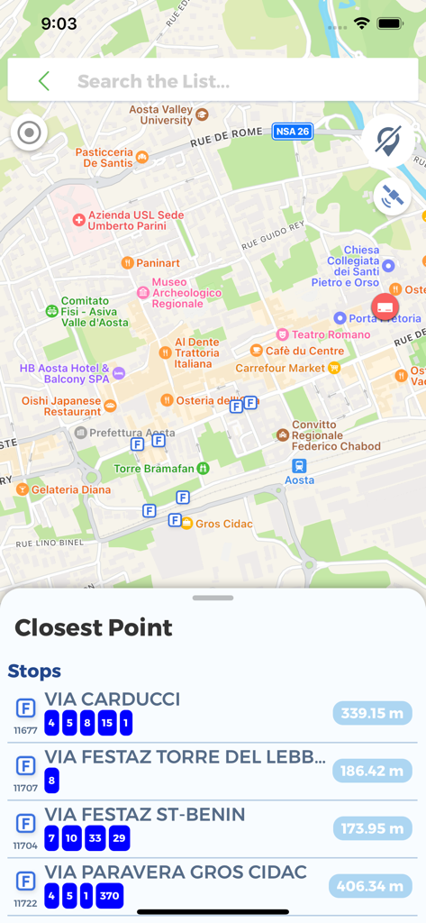 #vdatransports - Vista mappa che mostra le fermate degli autobus vicine e le informazioni sui percorsi di trasporto in Valle d'Aosta.