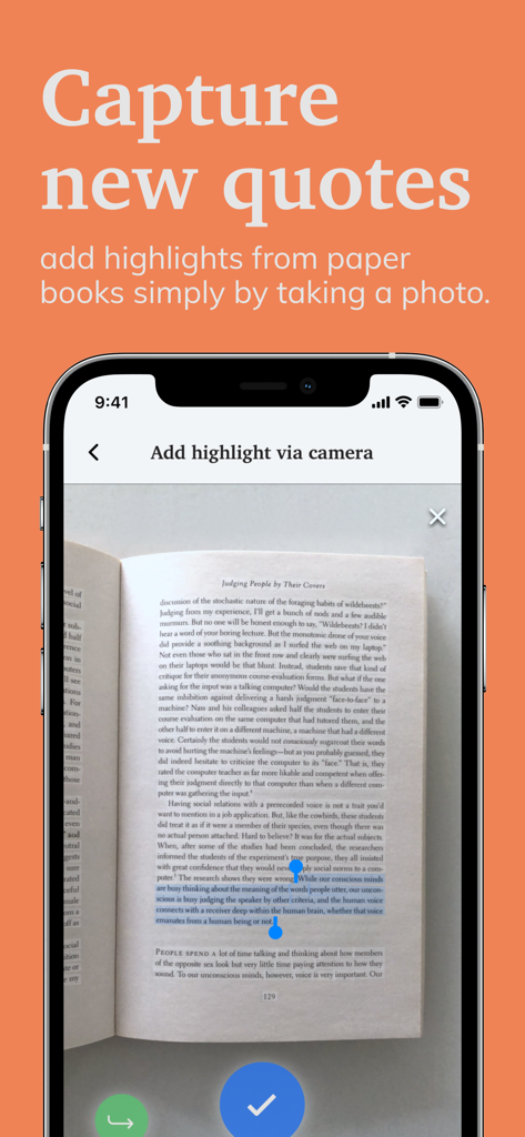 Readwise - Smartphone screen showing the Readwise app highlighting text from a physical book page using the camera OCR feature.