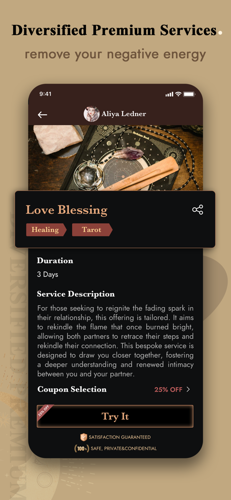 Pocket Insight app interface showing the Love Blessing premium psychic service for relationship healing and tarot