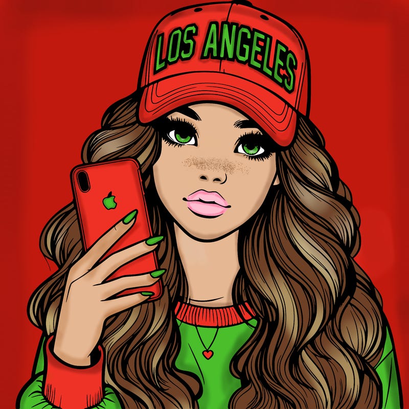 realistic beautiful girl wearing los ángeles cap holding an iphone