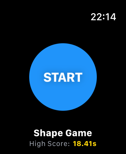 Shape Match - Watch Mini Games - Una pantalla de inicio para el minijuego Shape Match en Apple Watch con un gran botón de inicio azul y un registro de puntuación alta
