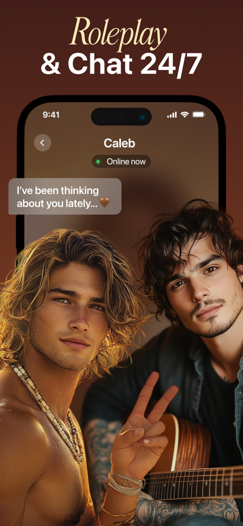 Ai Boyfriend Chat - Interfaz de chat de la aplicación Ai Boyfriend Chat con personajes masculinos virtuales y un mensaje romántico de un novio de IA llamado Caleb.
