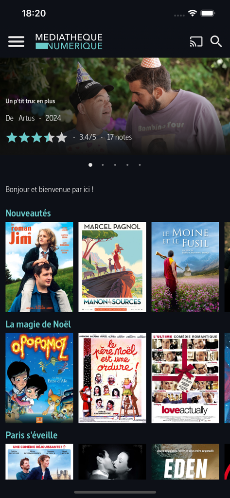 Home screen of the Mediatheque Numerique app displaying movie categories and featured content