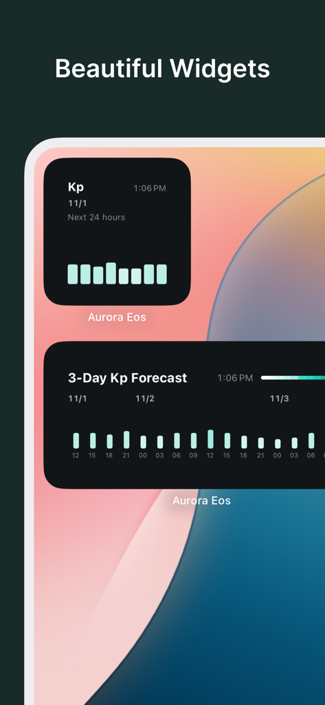 Aurora Eos: Forecast & Alert - Captura de pantalla de los widgets de iOS de Aurora Eos que muestran el seguimiento del índice KP y pronósticos de auroras para 3 días en la pantalla de inicio de un teléfono.
