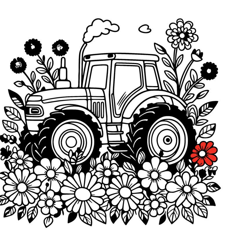 a tractor surrounded with flowers