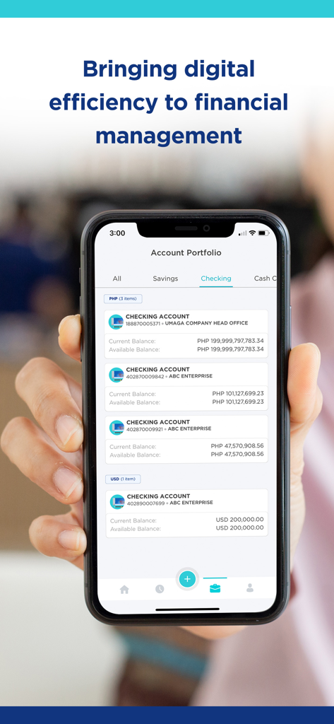 Hand holding a smartphone displaying the PNB CashNet Plus account portfolio screen with multiple corporate checking accounts and balances