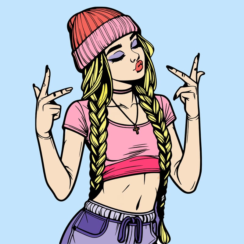 realistic teenage girl with braids and a beanie and crop top doing 🫶🏼