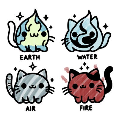 4 cats that represent the different elements, earth, water, air, and fire