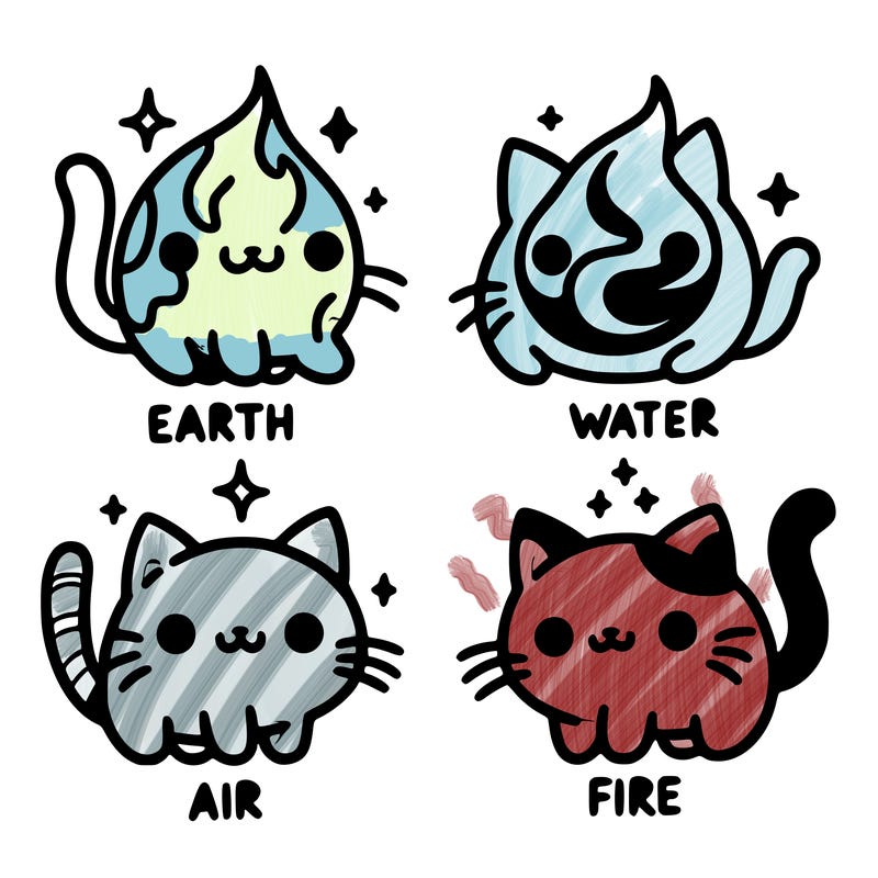 4 cats that represent the different elements, earth, water, air, and fire