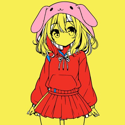 pretty anime girl wearing a fluffy hoodie with bunny ears on the hood and a skirt