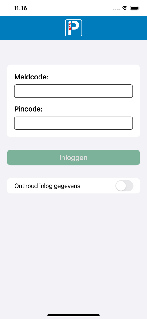 Anmeldebildschirm der Parkeren Amsterdam-App mit Feldern für Meldcode und Pincode und einer Option zum Speichern des Logins