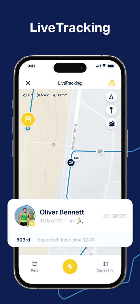 Interface de l'application Runporto montrant le suivi de course en direct d'un athlète avec carte et statistiques de performance.