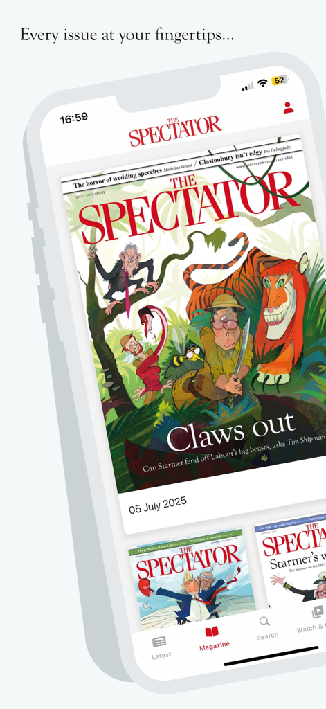 The Spectator Magazine - The Spectator magazine app on a smartphone showing digital weekly issue covers and navigation.