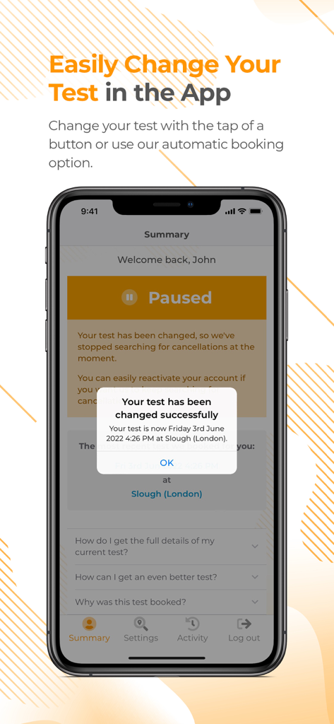 Driving Test Cancellations App - Captura de pantalla de la App de Cancelaciones de Examen de Conducir mostrando un mensaje de confirmación de cambio de fecha de examen exitoso